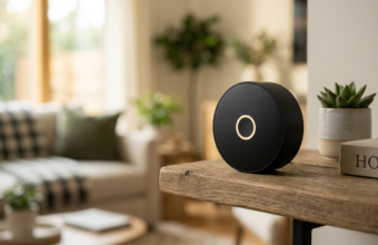 Kamera domowa Apple bez soczewki z diodą LED na drewnianej półce. Matowy design, prywatność bez nagrywania wideo. Polska i świat, lifestyle tech.