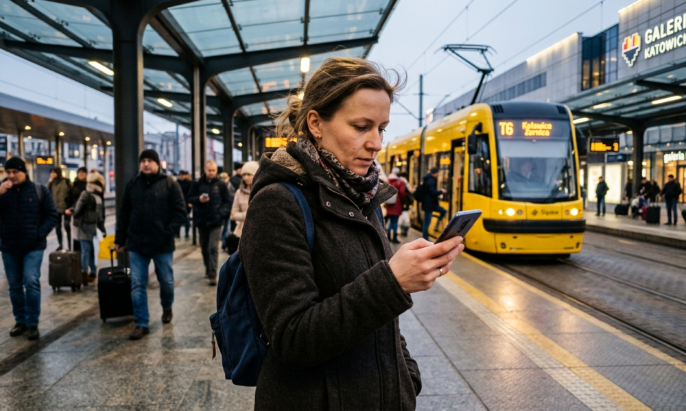 Pasażerka z Górnego Śląska sprawdza rozkład jazdy w smartfonie. Sztuczna inteligencja AI wspiera transport i mobilność miejską. Polska i świat.