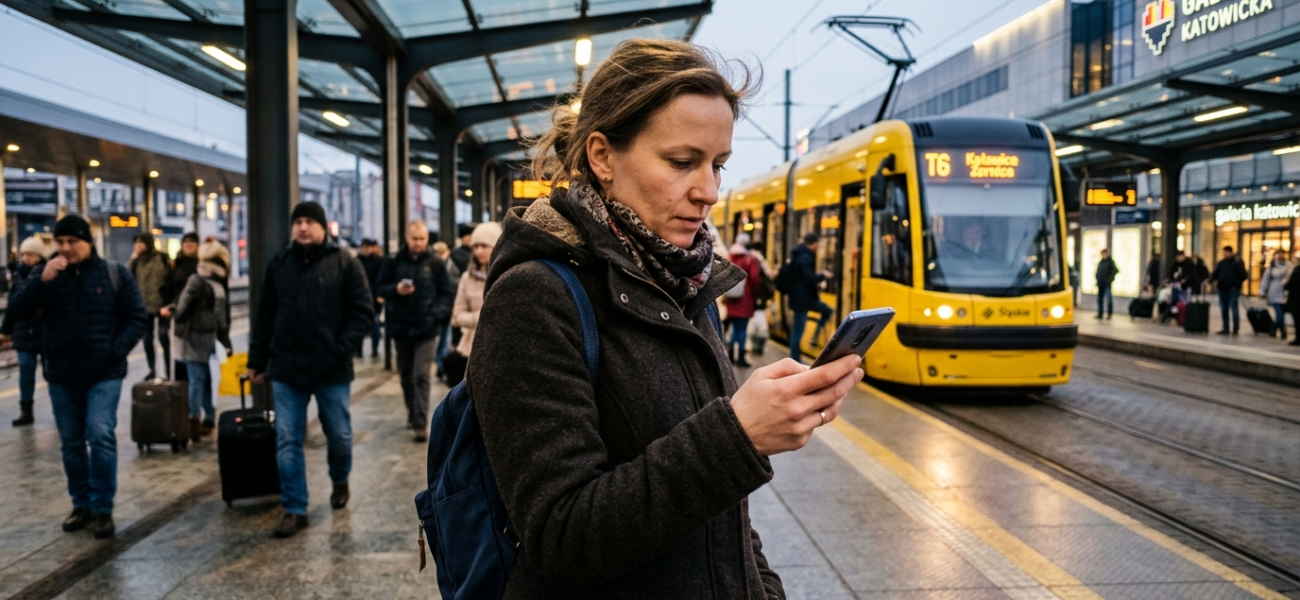 Pasażerka z Górnego Śląska sprawdza rozkład jazdy w smartfonie. Sztuczna inteligencja AI wspiera transport i mobilność miejską. Polska i świat.