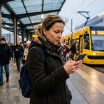 Pasażerka z Górnego Śląska sprawdza rozkład jazdy w smartfonie. Sztuczna inteligencja AI wspiera transport i mobilność miejską. Polska i świat.