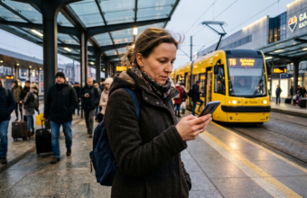Pasażerka z Górnego Śląska sprawdza rozkład jazdy w smartfonie. Sztuczna inteligencja AI wspiera transport i mobilność miejską. Polska i świat.