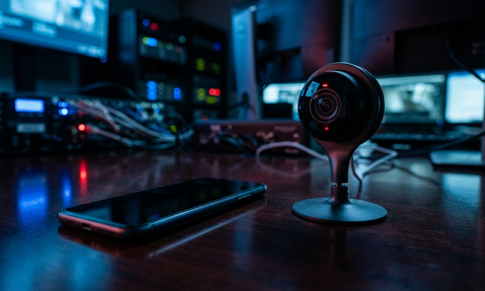 Smartfon i kamera smart home w niebiesko-czerwonym świetle. Inwigilacja i bezpieczeństwo cyfrowe, chińskie urządzenia na rynku tech. Polska i świat.