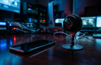 Smartfon i kamera smart home w niebiesko-czerwonym świetle. Inwigilacja i bezpieczeństwo cyfrowe, chińskie urządzenia na rynku tech. Polska i świat.
