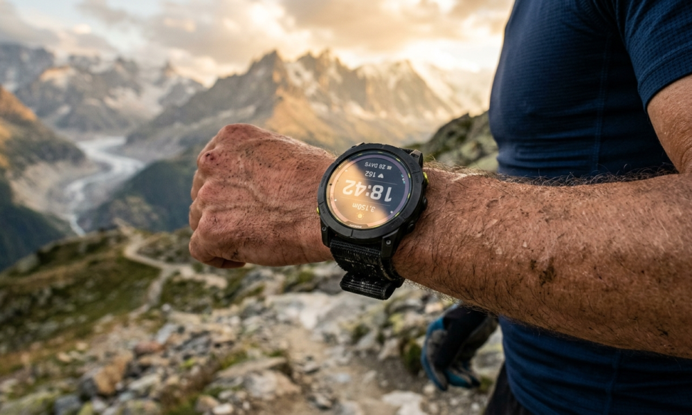 Garmin Enduro 4 na nadgarstku biegacza górskiego. Ekran solarny lśni w złotym słońcu. Wytrzymały smartwatch sportowy na wyprawy przez Polska i świat.