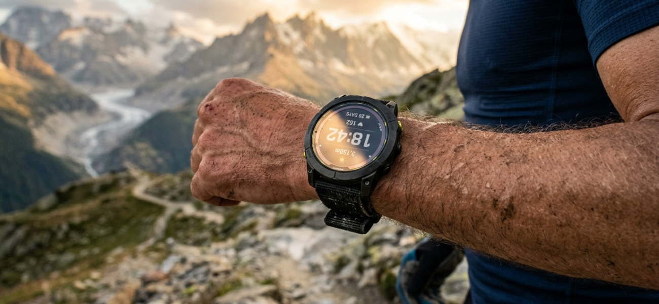 Garmin Enduro 4 na nadgarstku biegacza górskiego. Ekran solarny lśni w złotym słońcu. Wytrzymały smartwatch sportowy na wyprawy przez Polska i świat.