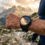 Garmin Enduro 4 na nadgarstku biegacza górskiego. Ekran solarny lśni w złotym słońcu. Wytrzymały smartwatch sportowy na wyprawy przez Polska i świat.