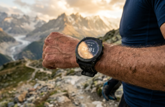 Garmin Enduro 4 na nadgarstku biegacza górskiego. Ekran solarny lśni w złotym słońcu. Wytrzymały smartwatch sportowy na wyprawy przez Polska i świat.