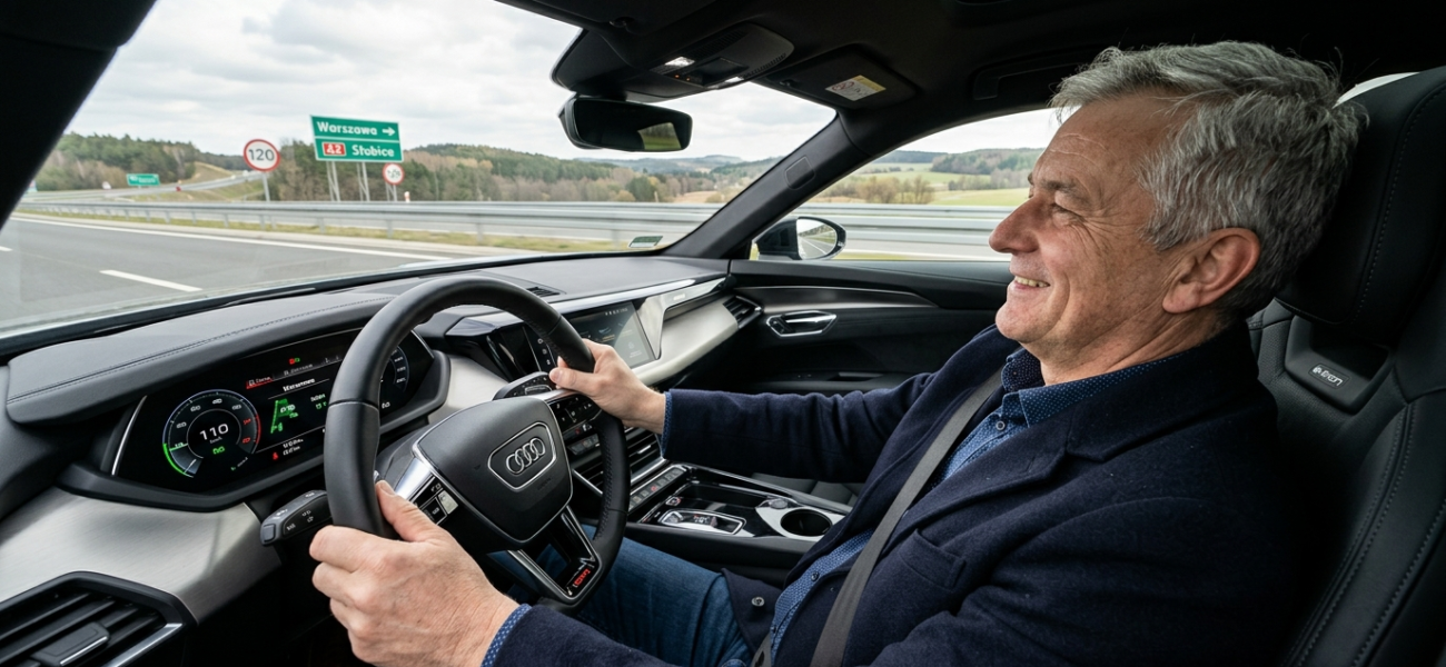 Uśmiechnięty 57-letni Polak kieruje elektrycznym Audi na pustej drodze szybkiego ruchu. Polska i świat: zadowolony kierowca wygodnie oparty plecami o fotel.