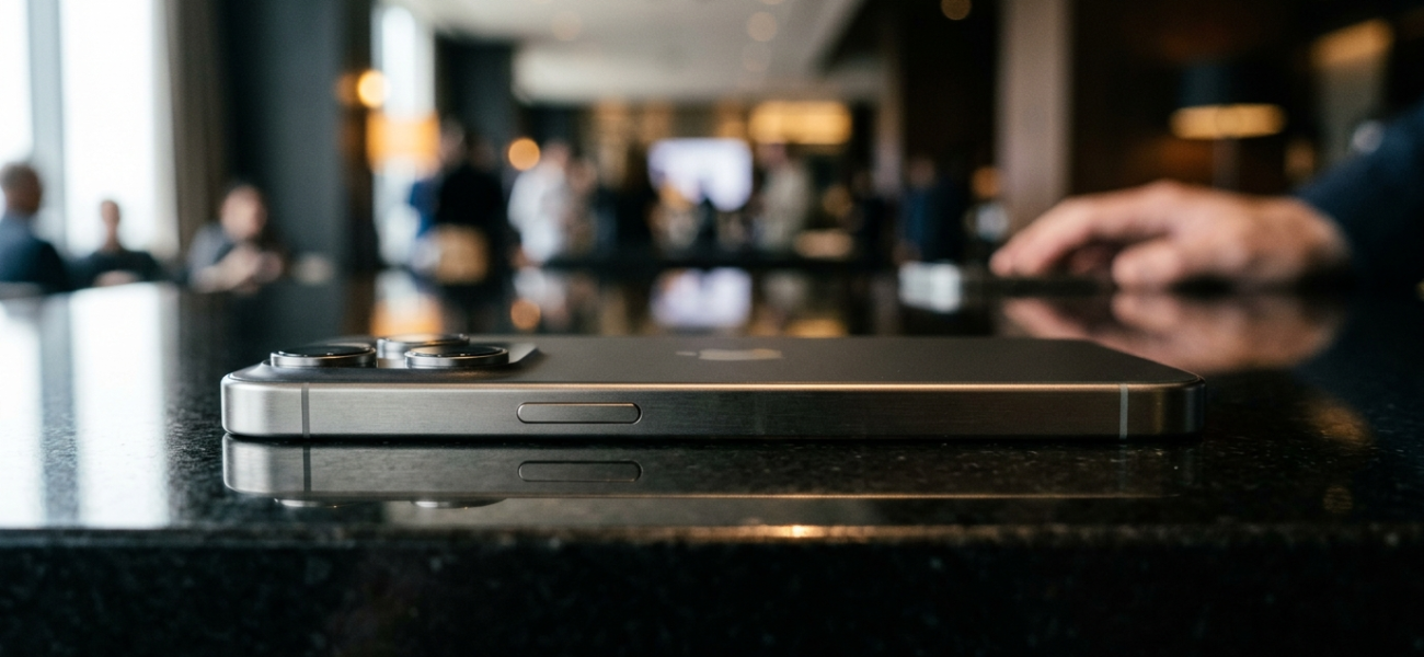 Smukły smartfon iPhone Air 2 z profilu na ciemnej tafli. Metalowe krawędzie i minimalistyczny design Apple. Nowości technologiczne, Polska i świat.