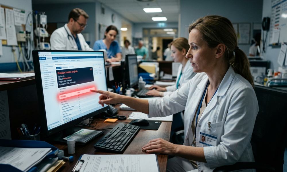 Polska sztuczna inteligencja AI na komputerze wskazuje braki w badaniach pacjentów z rakiem płuca. Polska i świat: oprogramowanie i dokumentacja medyczna.