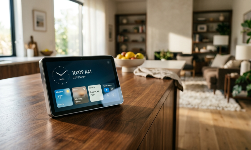 Minimalistyczny inteligentny ekran domowy z bezramkowym szkłem na blacie w jasnej kuchni. Nowoczesny smart display Apple Welcome Home w aranżacji lifestyle tech.