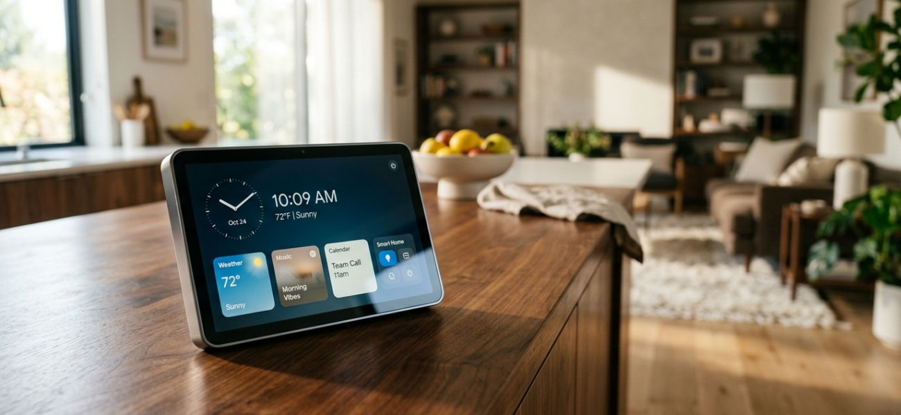 Minimalistyczny inteligentny ekran domowy z bezramkowym szkłem na blacie w jasnej kuchni. Nowoczesny smart display Apple Welcome Home w aranżacji lifestyle tech.