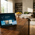 Minimalistyczny inteligentny ekran domowy z bezramkowym szkłem na blacie w jasnej kuchni. Nowoczesny smart display Apple Welcome Home w aranżacji lifestyle tech.