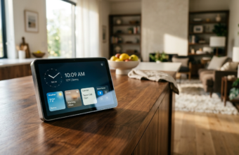 Minimalistyczny inteligentny ekran domowy z bezramkowym szkłem na blacie w jasnej kuchni. Nowoczesny smart display Apple Welcome Home w aranżacji lifestyle tech.
