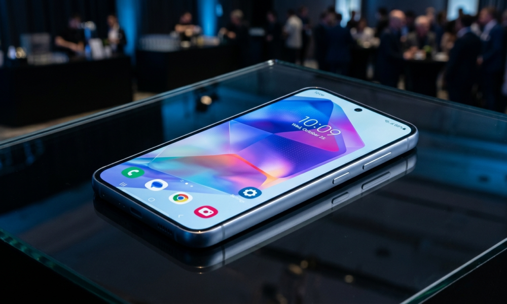 Samsung Galaxy A36 5G na lśniącej powierzchni w niebieskim świetle. Nowoczesny smartfon, bezramkowy ekran i specyfikacja. Newsy Polska i świat.
