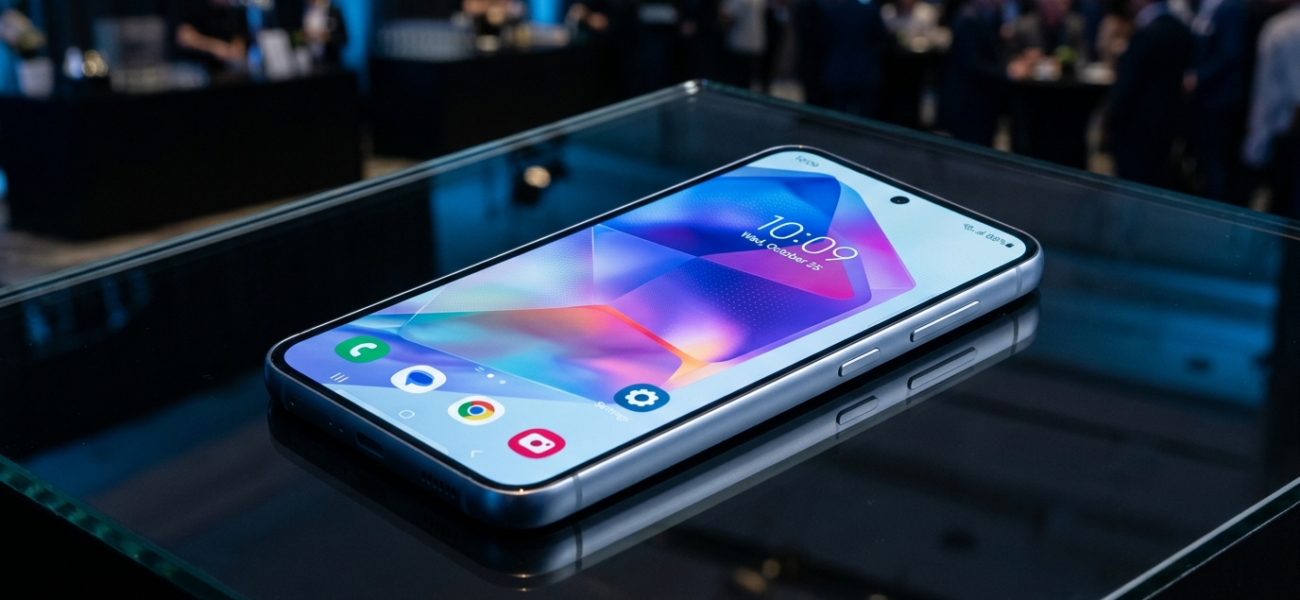 Samsung Galaxy A36 5G na lśniącej powierzchni w niebieskim świetle. Nowoczesny smartfon, bezramkowy ekran i specyfikacja. Newsy Polska i świat.
