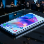 Samsung Galaxy A36 5G na lśniącej powierzchni w niebieskim świetle. Nowoczesny smartfon, bezramkowy ekran i specyfikacja. Newsy Polska i świat.