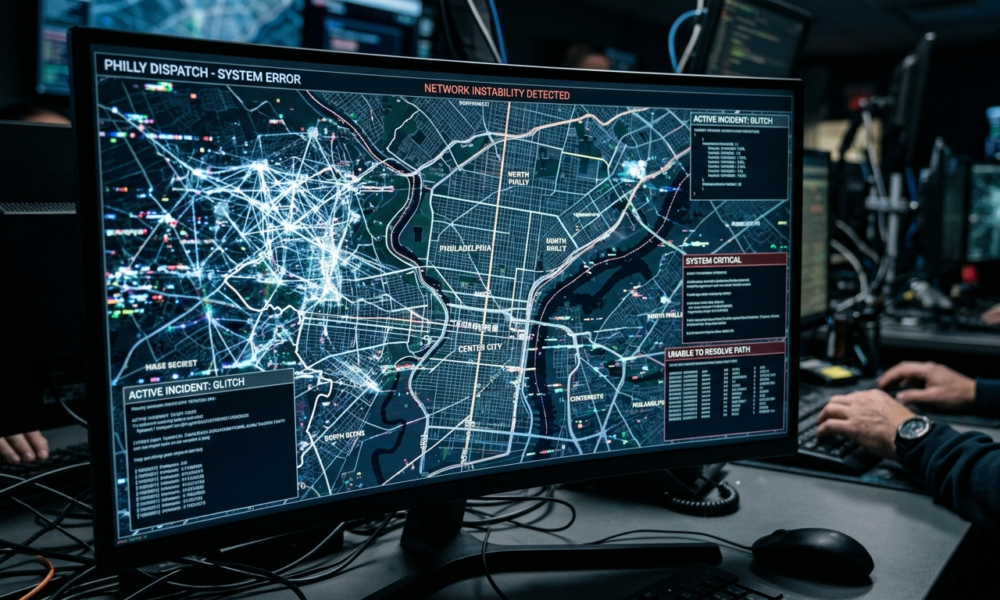 Monitor z mapą Filadelfii i siecią neuronową AI Anthropic w mrocznym pokoju. Błąd oprogramowania i interfejs zgłoszeń. Polska i świat, sztuczna inteligencja.