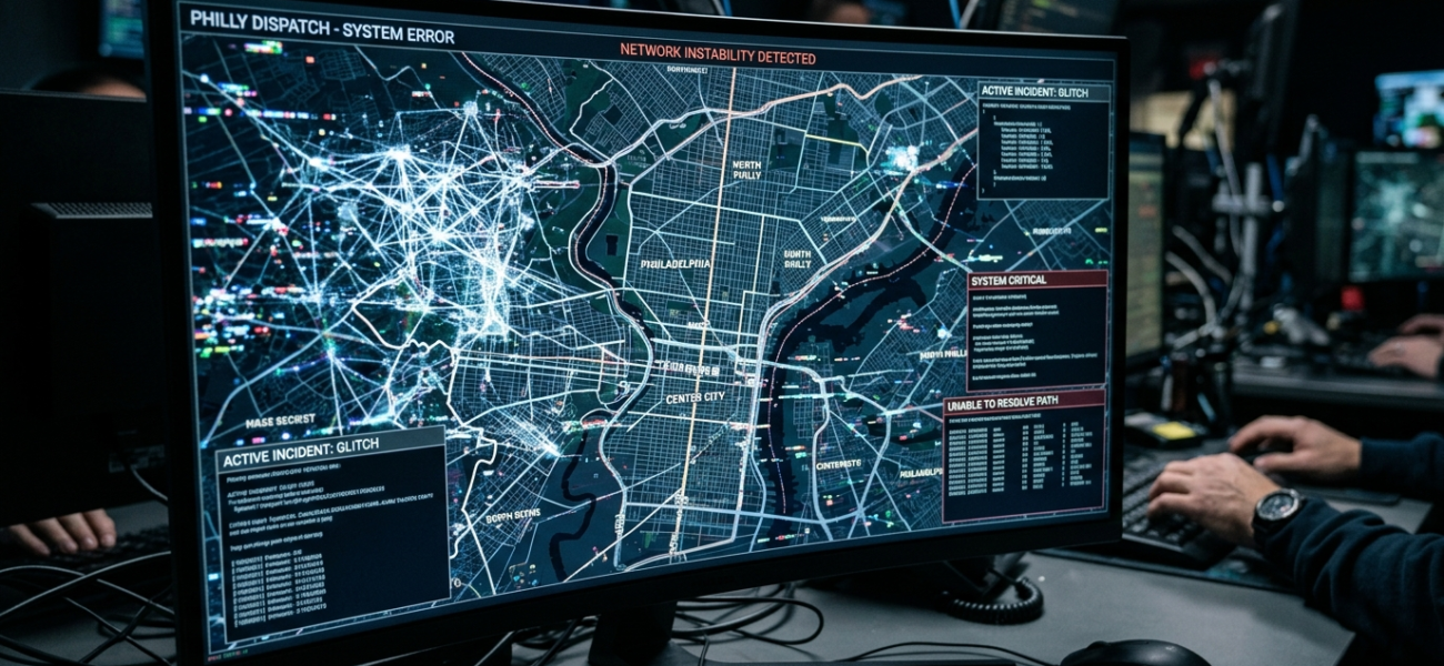 Monitor z mapą Filadelfii i siecią neuronową AI Anthropic w mrocznym pokoju. Błąd oprogramowania i interfejs zgłoszeń. Polska i świat, sztuczna inteligencja.