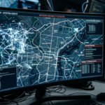 Monitor z mapą Filadelfii i siecią neuronową AI Anthropic w mrocznym pokoju. Błąd oprogramowania i interfejs zgłoszeń. Polska i świat, sztuczna inteligencja.