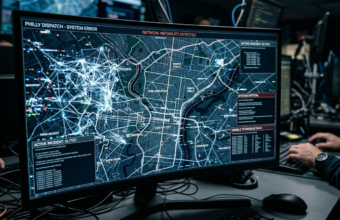 Monitor z mapą Filadelfii i siecią neuronową AI Anthropic w mrocznym pokoju. Błąd oprogramowania i interfejs zgłoszeń. Polska i świat, sztuczna inteligencja.