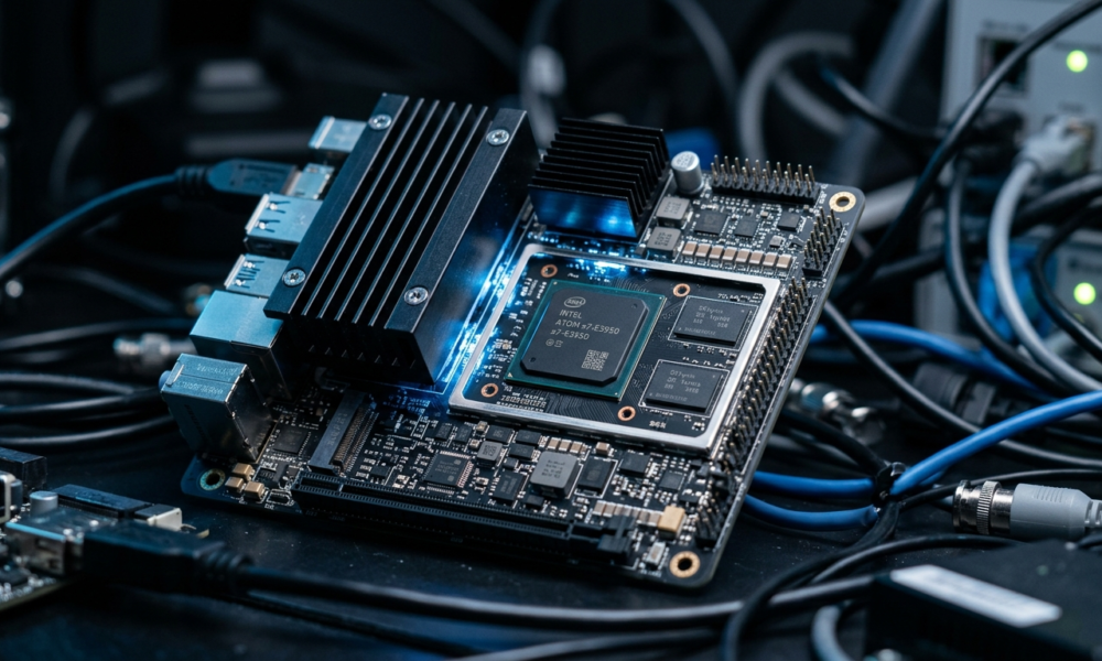 Przemysłowy komputer jednopłytkowy IBase IB966 z Intel Panther Lake. Makro detale radiatorów i obwodów w błękitnym świetle. Polska i świat.