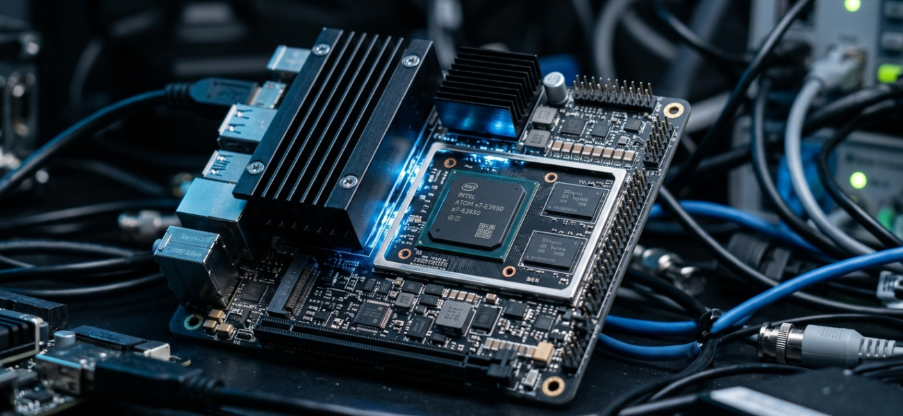 Przemysłowy komputer jednopłytkowy IBase IB966 z Intel Panther Lake. Makro detale radiatorów i obwodów w błękitnym świetle. Polska i świat.