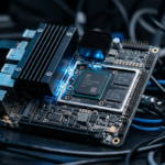Przemysłowy komputer jednopłytkowy IBase IB966 z Intel Panther Lake. Makro detale radiatorów i obwodów w błękitnym świetle. Polska i świat.