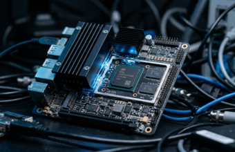 Przemysłowy komputer jednopłytkowy IBase IB966 z Intel Panther Lake. Makro detale radiatorów i obwodów w błękitnym świetle. Polska i świat.