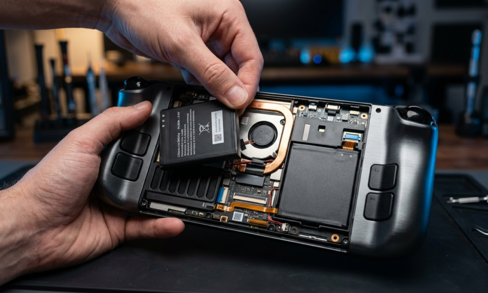 Dłonie wymieniają modularną baterię w Nintendo Switch 2. Metalowa obudowa konsoli do gier w niebieskim świetle studio. Newsy gaming, Polska i świat.