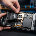 Dłonie wymieniają modularną baterię w Nintendo Switch 2. Metalowa obudowa konsoli do gier w niebieskim świetle studio. Newsy gaming, Polska i świat.