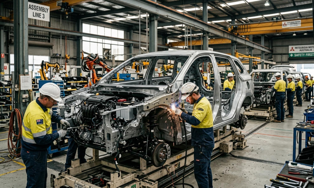 Rama i zarys elektrycznego Mitsubishi w fabryce. Brak karoserii i maski, tylko podzespoły. Technologia dla Izery i Mitsubishi, Polska i świat, motoryzacja.