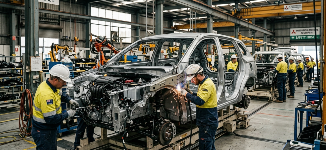 Rama i zarys elektrycznego Mitsubishi w fabryce. Brak karoserii i maski, tylko podzespoły. Technologia dla Izery i Mitsubishi, Polska i świat, motoryzacja.