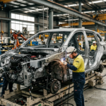 Rama i zarys elektrycznego Mitsubishi w fabryce. Brak karoserii i maski, tylko podzespoły. Technologia dla Izery i Mitsubishi, Polska i świat, motoryzacja.