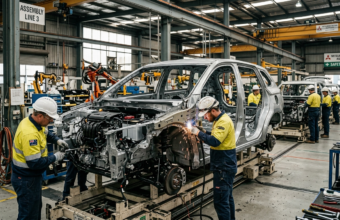 Rama i zarys elektrycznego Mitsubishi w fabryce. Brak karoserii i maski, tylko podzespoły. Technologia dla Izery i Mitsubishi, Polska i świat, motoryzacja.