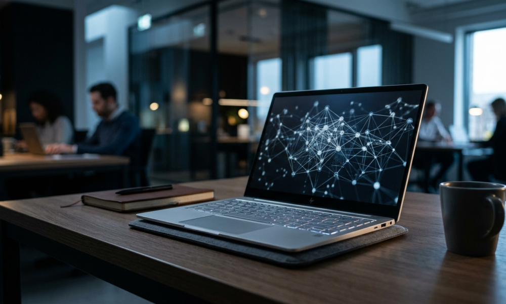 Srebrny HP OmniBook 5 14 AI z siecią neuronową na ekranie. Smukły laptop na minimalistycznym biurku. Nowoczesne komputery i AI – Polska i świat.