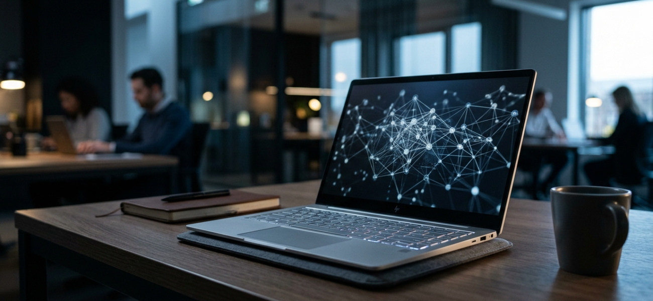 Srebrny HP OmniBook 5 14 AI z siecią neuronową na ekranie. Smukły laptop na minimalistycznym biurku. Nowoczesne komputery i AI – Polska i świat.