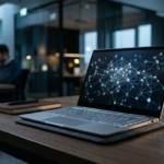 Srebrny HP OmniBook 5 14 AI z siecią neuronową na ekranie. Smukły laptop na minimalistycznym biurku. Nowoczesne komputery i AI – Polska i świat.