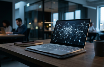 Srebrny HP OmniBook 5 14 AI z siecią neuronową na ekranie. Smukły laptop na minimalistycznym biurku. Nowoczesne komputery i AI – Polska i świat.