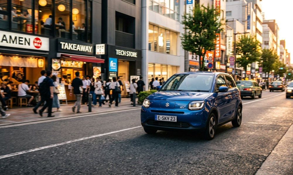 Tani elektryk Suzuki e-Sky mknie przez nowoczesną dzielnicę w Polsce i na świecie. Lśniące auto elektryczne odbija światła miasta podczas złotej godziny.
