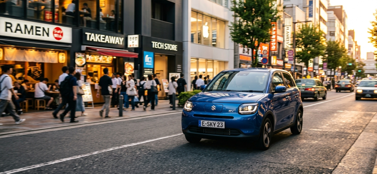 Tani elektryk Suzuki e-Sky mknie przez nowoczesną dzielnicę w Polsce i na świecie. Lśniące auto elektryczne odbija światła miasta podczas złotej godziny.