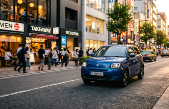 Tani elektryk Suzuki e-Sky mknie przez nowoczesną dzielnicę w Polsce i na świecie. Lśniące auto elektryczne odbija światła miasta podczas złotej godziny.