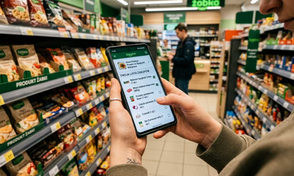 Zbliżenie na telefon z asystentem AI w aplikacji Żappka. Widoczny przepis i lista zakupów Żabka Jush. Nowości lifestyle tech w Polsce i na świecie.