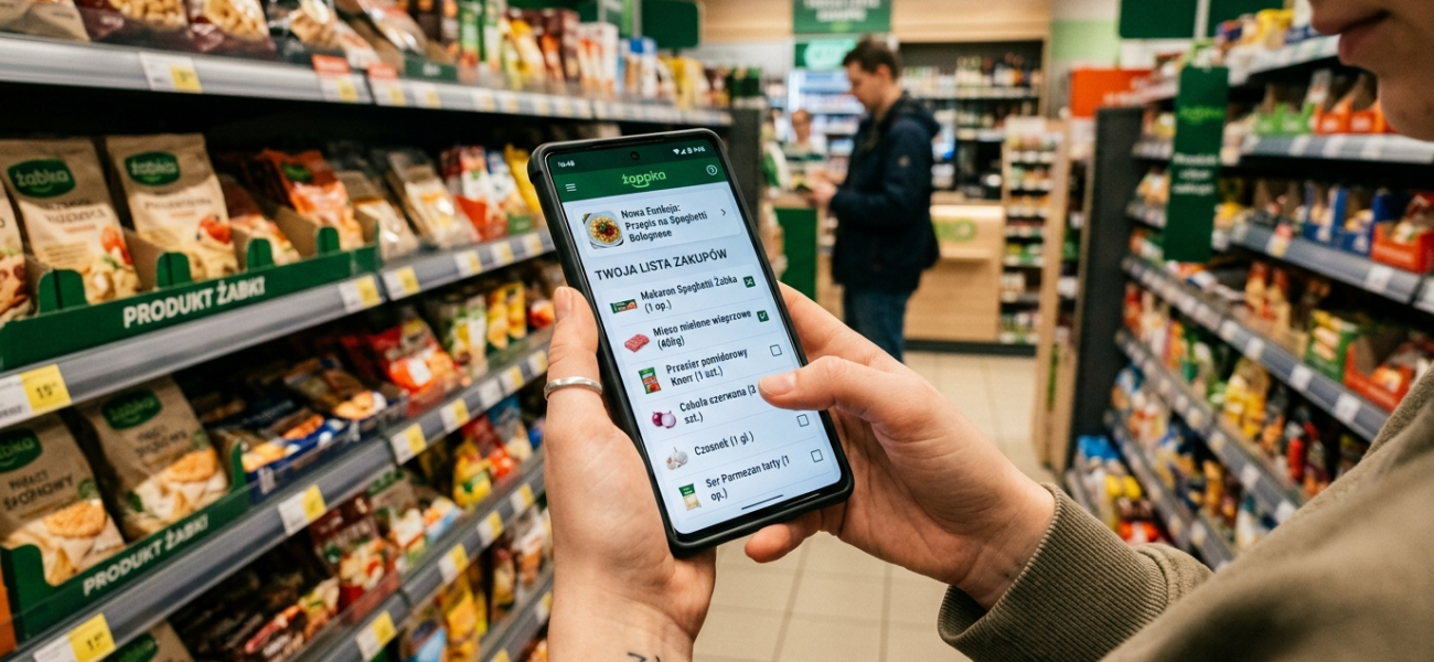 Zbliżenie na telefon z asystentem AI w aplikacji Żappka. Widoczny przepis i lista zakupów Żabka Jush. Nowości lifestyle tech w Polsce i na świecie.
