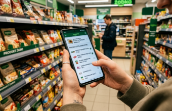 Zbliżenie na telefon z asystentem AI w aplikacji Żappka. Widoczny przepis i lista zakupów Żabka Jush. Nowości lifestyle tech w Polsce i na świecie.