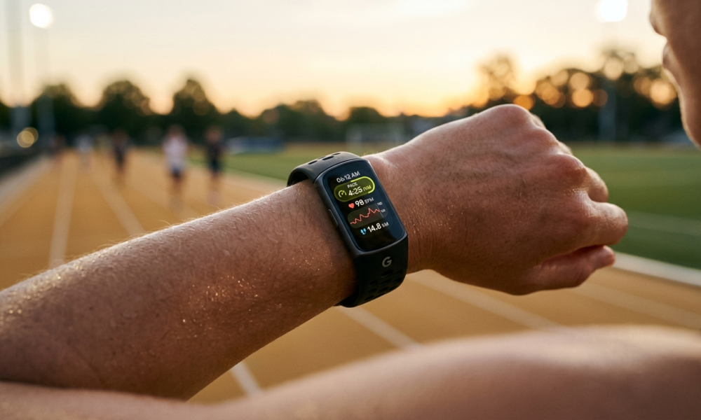 Opaska sportowa Fitbit Edge na nadgarstku biegacza. Ekran OLED lśni o świcie na bieżni w Polsce i świecie, ułatwiając trening i monitorowanie zdrowia.