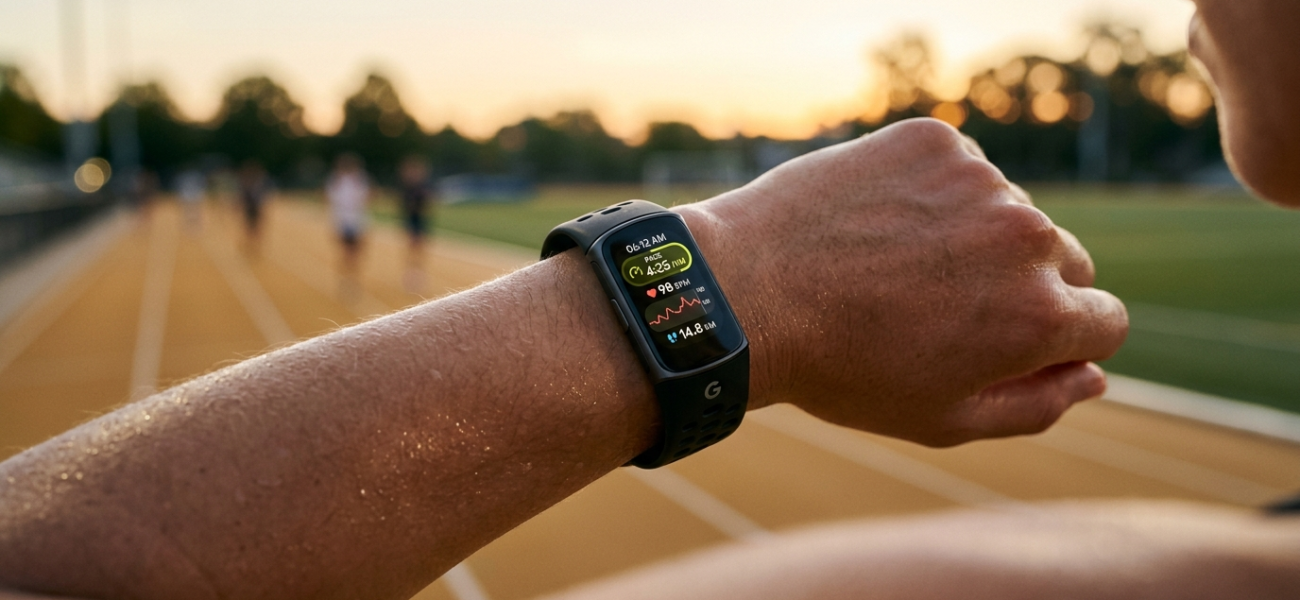Opaska sportowa Fitbit Edge na nadgarstku biegacza. Ekran OLED lśni o świcie na bieżni w Polsce i świecie, ułatwiając trening i monitorowanie zdrowia.