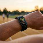 Opaska sportowa Fitbit Edge na nadgarstku biegacza. Ekran OLED lśni o świcie na bieżni w Polsce i świecie, ułatwiając trening i monitorowanie zdrowia.