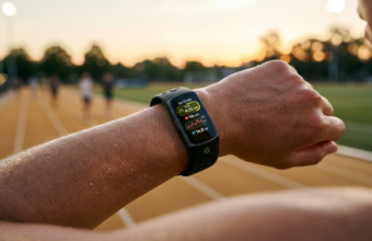 Opaska sportowa Fitbit Edge na nadgarstku biegacza. Ekran OLED lśni o świcie na bieżni w Polsce i świecie, ułatwiając trening i monitorowanie zdrowia.