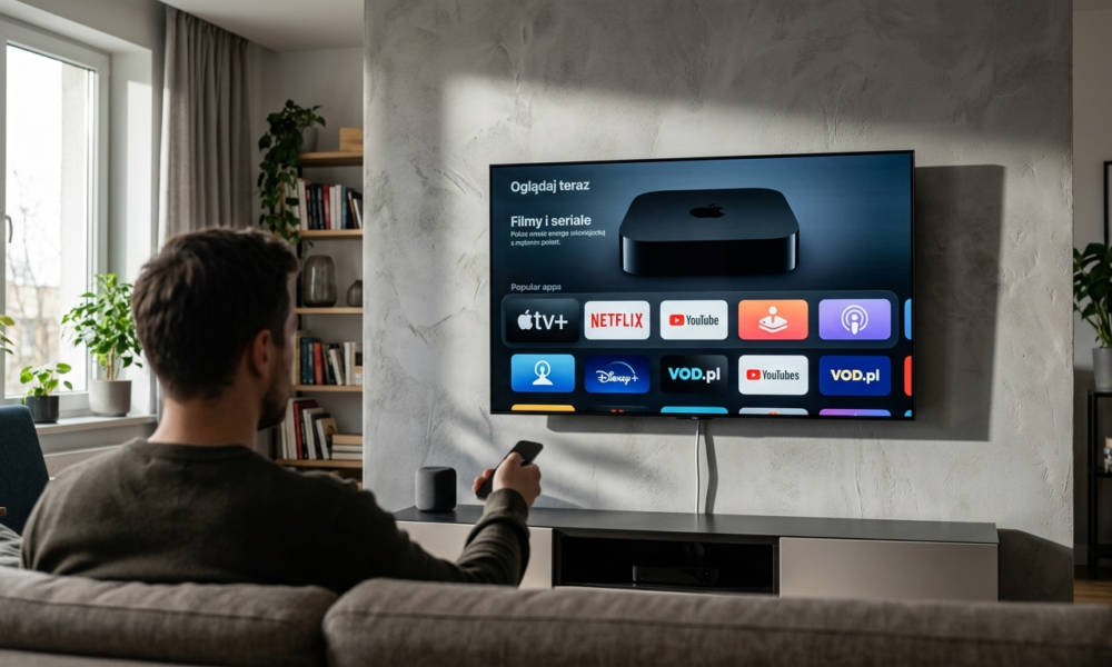 Duży Apple TV 4K z AI na ścianie. Nowoczesny dom i lifestyle tech w Polska i świat. Nowe Apple TV 4K ze sztuczną inteligencją trafia do przedsprzedaży.